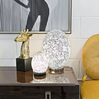 White Mosaic Glass Crackle Design Egg Table Lamp Chrome Base