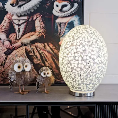 White Mosaic Glass Flower Design Egg Table Lamp Chrome Base