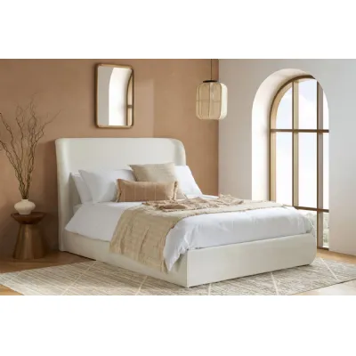 Cream Linen Fabric King Size Ottoman Bed Wingback Headboard