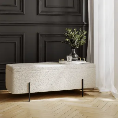 Ivory Boucle Upholstered Ottoman Storage Bench Black Metal Legs