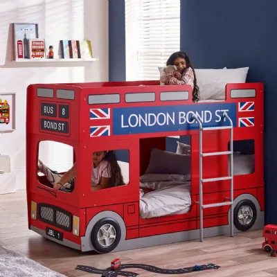London Bus Kids Children Single 3ft 90cm High Gloss Red Wooden Bunk Bed