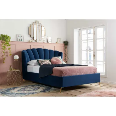 Midnight Blue Fabric King Size Ottoman Bed Winged Headboard