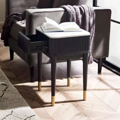 Louis Fluted Stone Top Lamp Table With Drawer Black