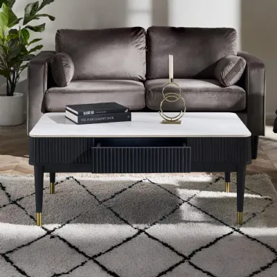 Louis Fluted Stone Top Coffee Table With 2 Drawers Black
