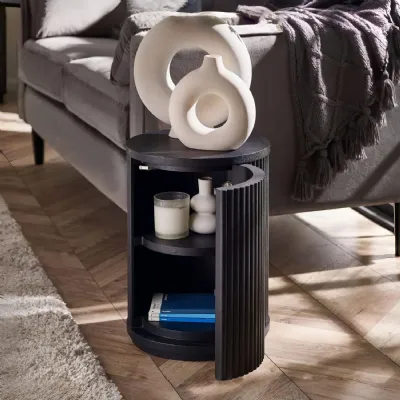 Louis Fluted Side Table With Door Black