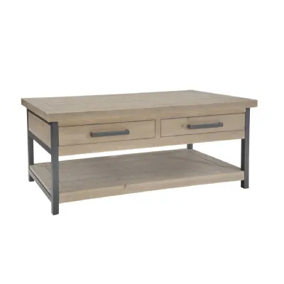 Industrial Rustic Pine and Black Metal 2 Drawer Coffee Table with Shelf