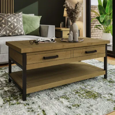 Lowry 2 Drawer Coffee Table Driftwood Lacquered Solid Reclaimed Pine