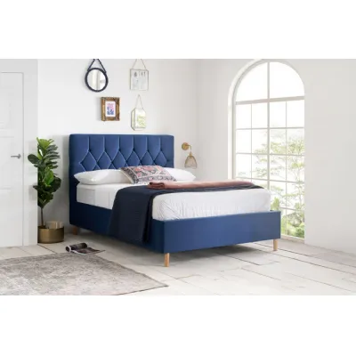 Blue Fabric 135cm Double Ottoman Bed Buttoned Headboard