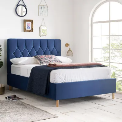 Blue Fabric Small Double Ottoman Bed Buttoned Headboard