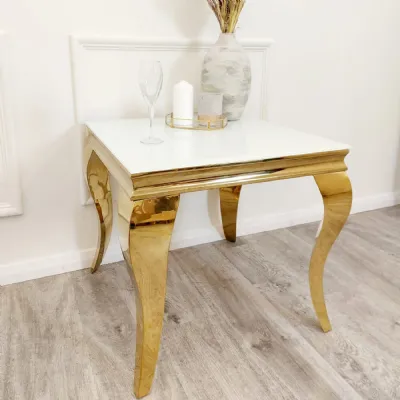 Modern Square White Sintered Stone Effect Top Lamp Table with Gold Metal Legs