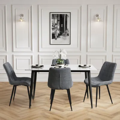 Marble Effect 4 Seater Rectangular Dining Set with Grey Chenille Chairs