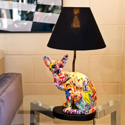Graffiti Sitting Cat Design Table Lamp Black Shade