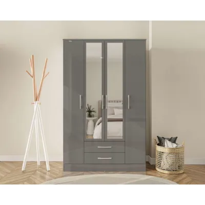 Grey Wood 4 Door 2 Drawer Twin Mirrored Combi Wardrobe