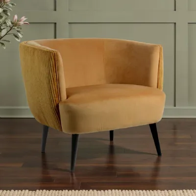 Mustard Velvet Barrel Designed Accent Chair with Black Legs