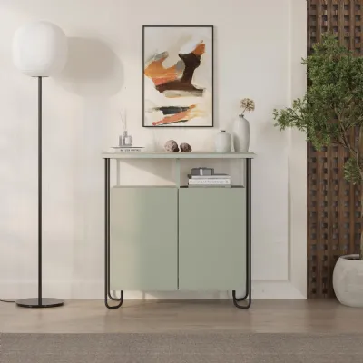 Cornea 2 Door Sideboard Buffet Unit Ash Green with Open Shelf And Black Metal Frame