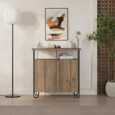 Cornea 2 Door Sideboard Buffet Unit Dark Oak with Open Shelf And Black Metal Frame