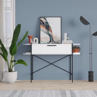 Otis 1 Drawer 2 Shelf Console Table Matt White with Black Metal Frame