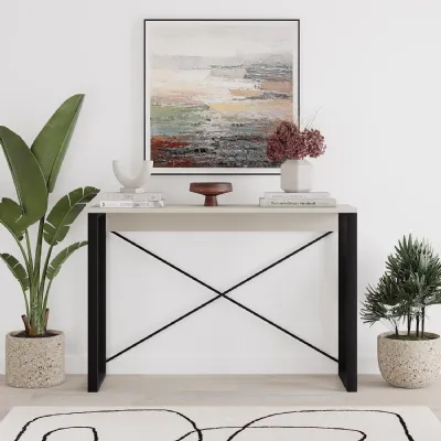 Modern Archie Console Table Sandstone 110cm with Black Metal Legs