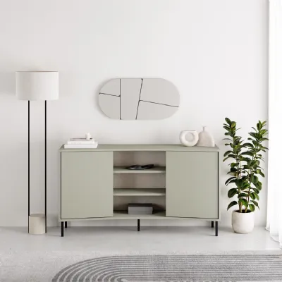 Frem 2 Door Curved Sideboard Buffet Unit Ash Green And Black Metal Legs