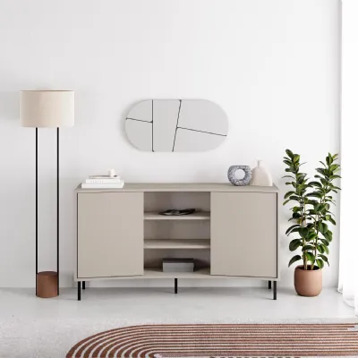 Frem 2 Door Curved Sideboard Buffet Unit Sandstone And Black Metal Legs