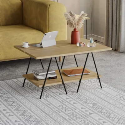 Essel Centre Coffee Table Oak Metal Trestle Legs 80cm