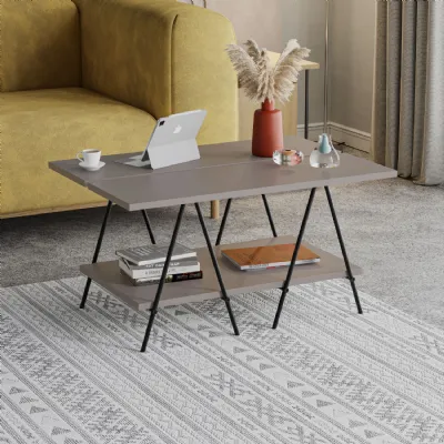 Essel Centre Coffee Table Mocha Grey Metal Trestle Legs 80cm