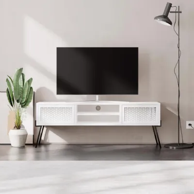 Naive 2 Door TV Unit Stand White with Black Metal Legs