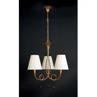 Paola Pendant 3 Light E14, Gold Painted With Cream Shades And Amber Glass Droplets