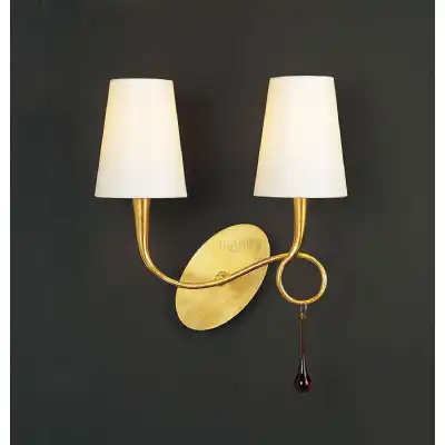 Paola Wall Lamp 2 Light E14, Gold Painted With Cream Shades And Amber Glass Droplets