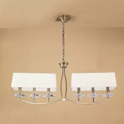 Akira Linear Pendant 2 Arm 6 Light E14, Antique Brass With Cream Shades