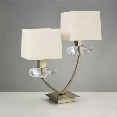 Akira Table Lamp 2 Light E14, Antique Brass With Cream Shades