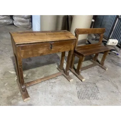 Antique Wooden School Desk and Bench Set with Lift Up Lid Storage