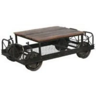 Black Metal Track Car Style Coffee Table with Wooden Top