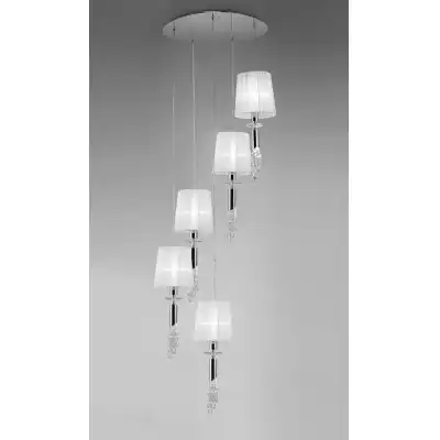 Tiffany Pendant 5+5 Light E27+G9 Spiral, Polished Chrome With White Shades And Clear Crystal