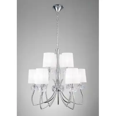 Loewe 2 Tier Pendant 6+3 Light E14, Polished Chrome With White Shades