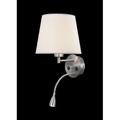 Caicos Wall Plus Reading Light with USB Charger, 1 x E27 (Max 20W) Plus 3W LED, 3000K, 210lm LED, Individually Switched, Satin Nickel, 3yrs Warranty