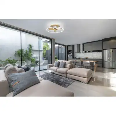 Nature 75W LED Dimmable Ceiling Light With Built In 30W DC Reversible Fan, White Wood Finish c w Remote And APP Control, 5000lm