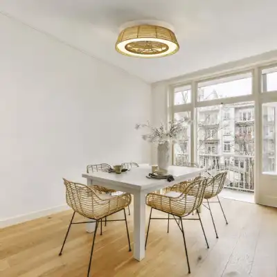 Indonesia 70W LED Dimmable Ceiling Light With Built In 35W DC Reversible Fan, Beige Rattan, 4200lm, 5yrs Warranty