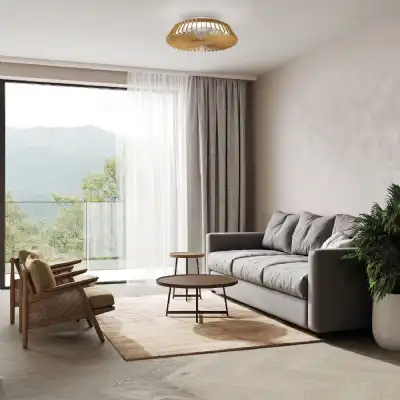 Himalaya Mini 53cm 70W LED Round Ceiling Light With Built In 30W DC Fan, 2700 5000K Tuneable White, 4900lm, Remote Control, Wood, 3yrs Warranty
