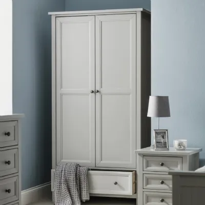 Modern Grey 2 Door Double Wardrobe with Drawer and Pewter Handles