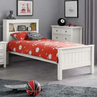 White 3ft Single Bookcase Bed with High Headboard Shelf and Slatted Base