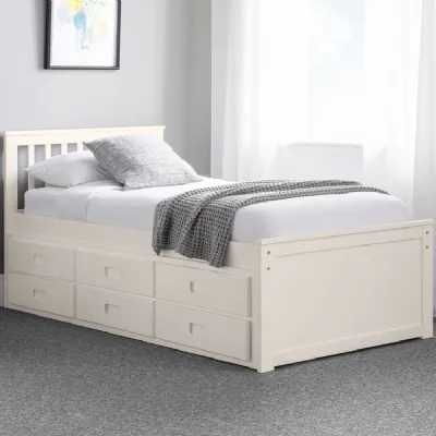 White Lacquered Wood 3ft Single Bed with Pull Out Bed and 3 Storage Drawers