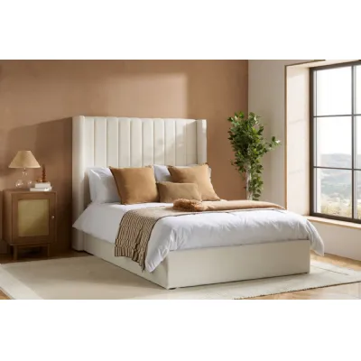 White Boucle Fabric King Size Ottoman Bed Wingback Headboard