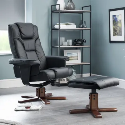 Black Faux Leather Upholstered Swivel Recliner Armchair and Matching Footstool