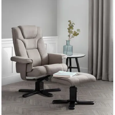 Grey Linen Upholstered Swivel Recliner Armchair and Matching Footstool