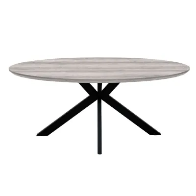 Grey Wood 180cm Oval Dining Table Black Cross Metal Legs