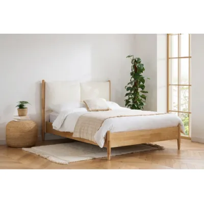 Oak Effect Wood 5ft King Size Bed with Plush Linen Headboard