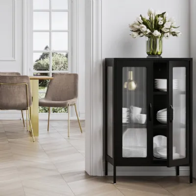 Black Steel Small Display Cabinet Reeded Glass Front