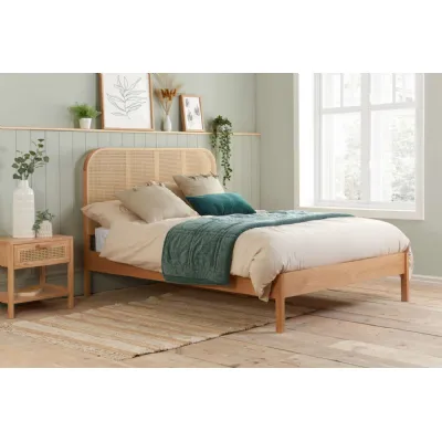 Brown Oak 135cm Double Bed Curved Rattan Headboard