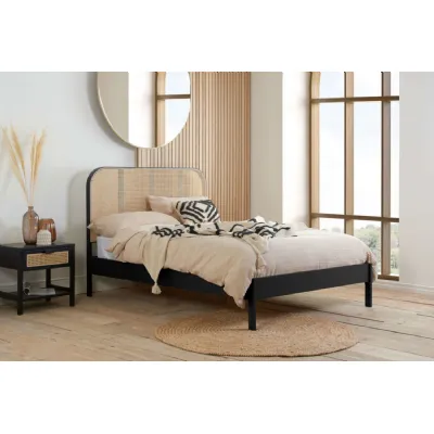 Black Oak Super King Size Bed Curved Rattan Headboard